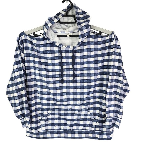 Womens Blue & White Checkered Hoodie Shirt Cold Shoulder Long Sleeve Size L - Picture 1 of 10